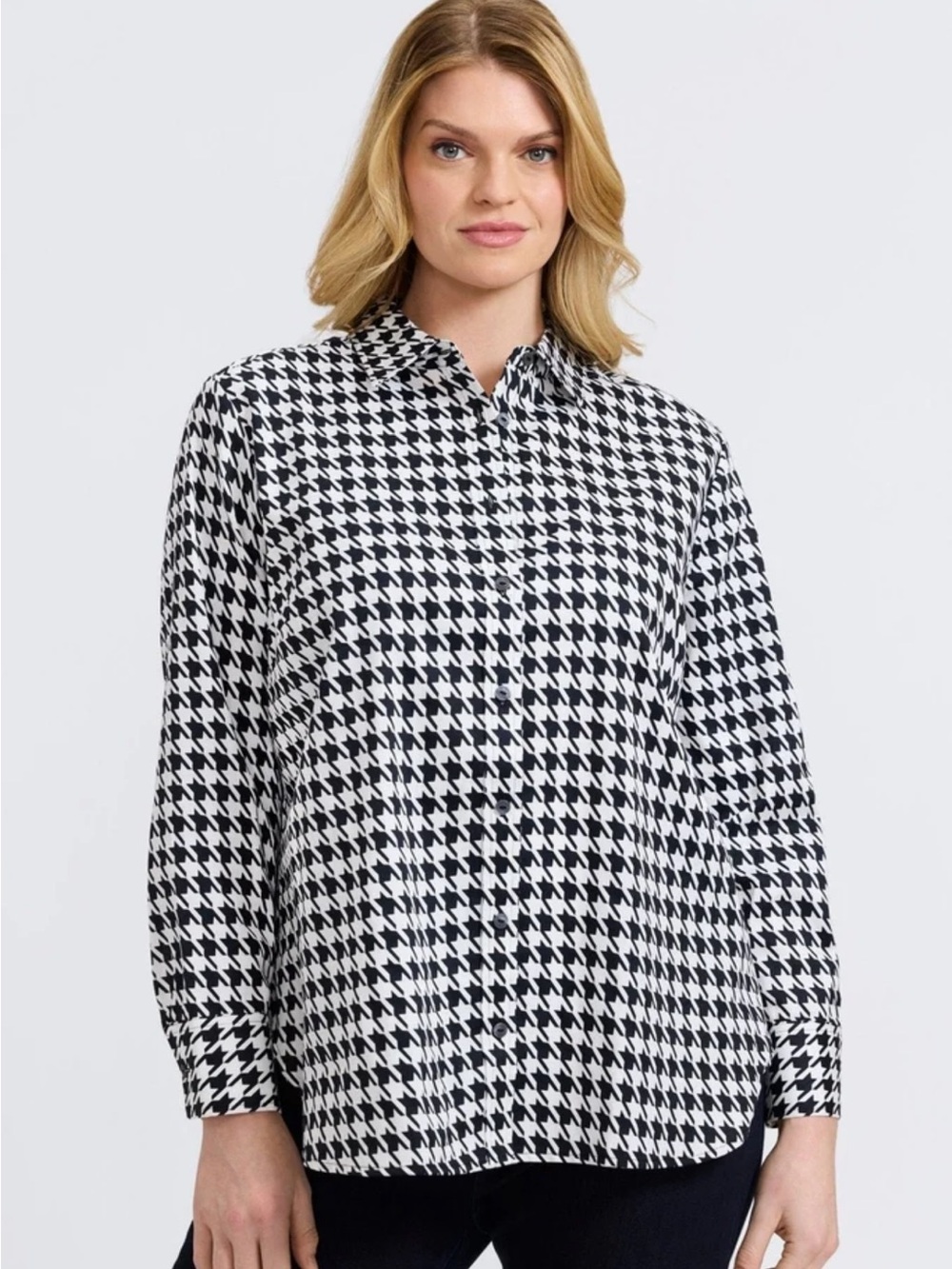 Womens Black and Cream Houndstooth Button-Down Shirt